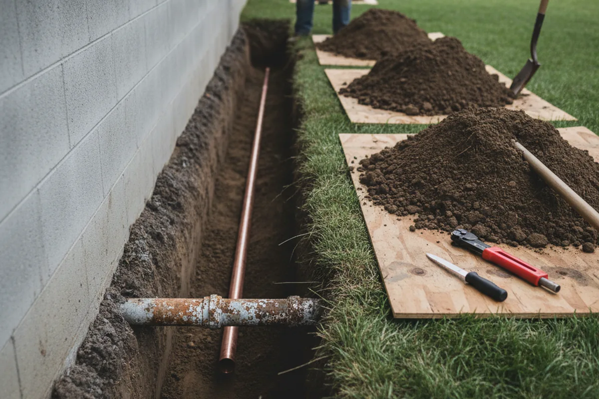 Excavated water line trench during Sewer Line Repair in Averill Park